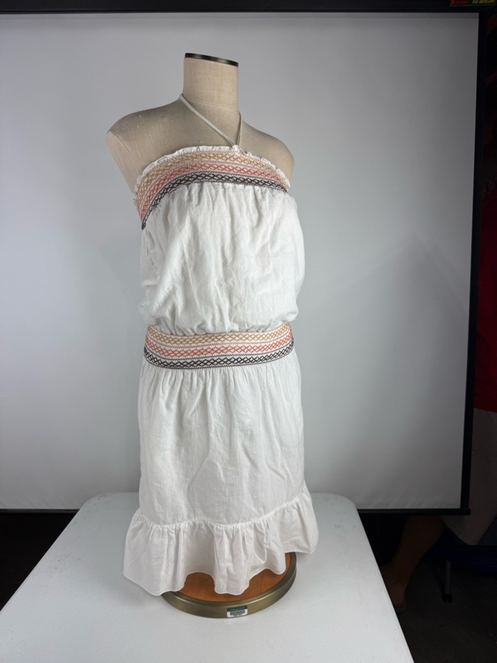 Boho Festival White Halter Sundress with Embroidered Trim - 100% Cotton